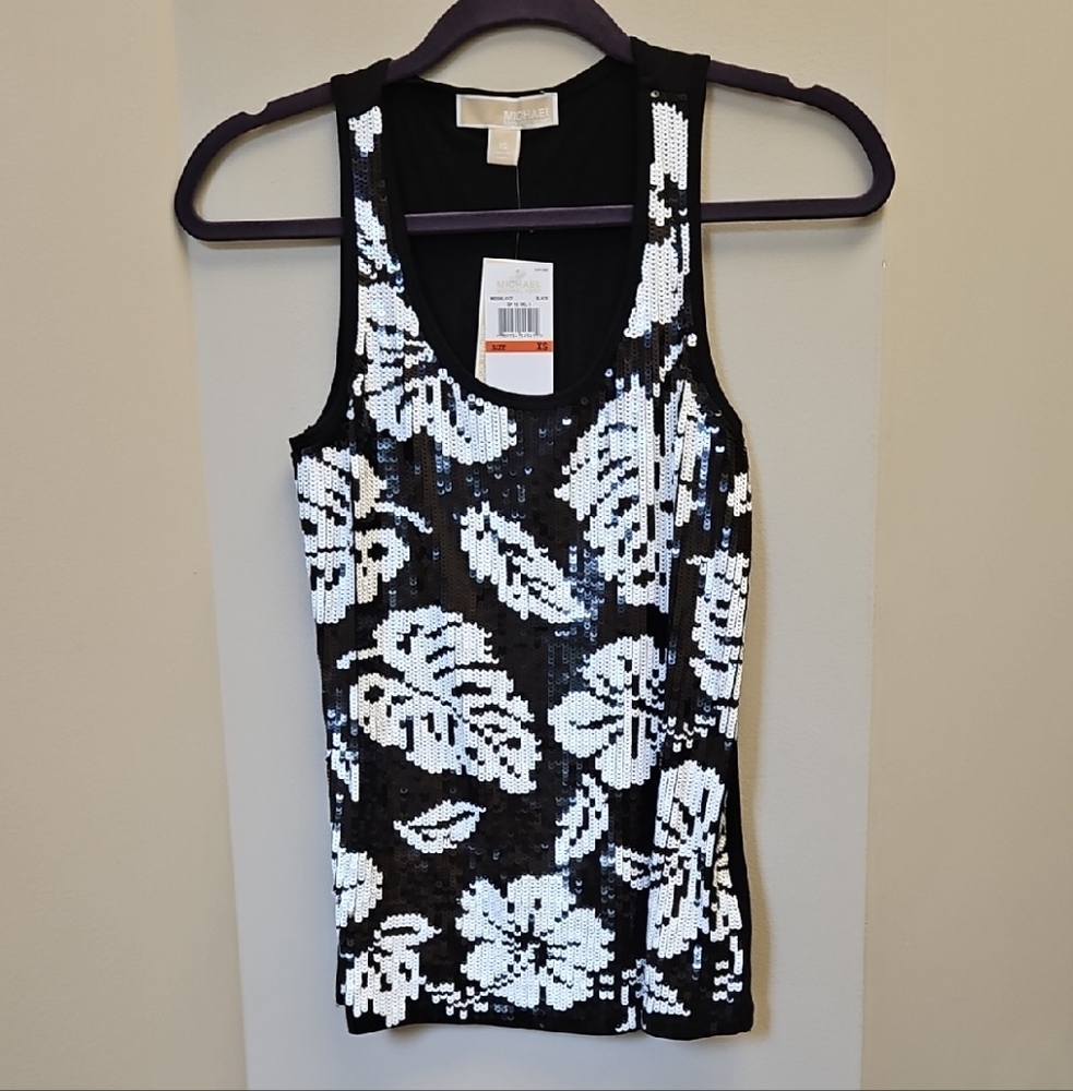 NWT MICHAEL Michael Kors Black and White Floral Sequin Tank Top